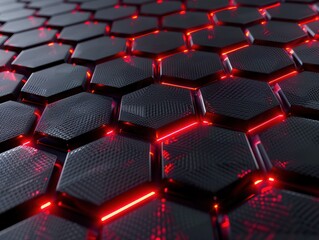 Obraz premium Hexagonal carbon fiber with red luminous lines and highlights background. AI generated image