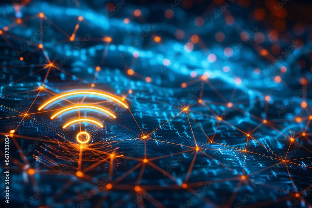 Poster a vibrant digital network displaying glowing wifi symbol and complex connections in futuristic desig