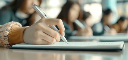 University exam hall with Asian student writing on paper, others taking test and concentrating