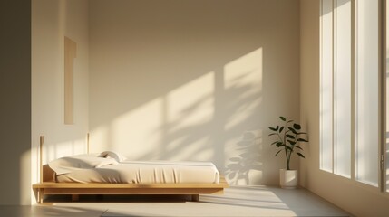 A bedroom with a bed and a potted plant