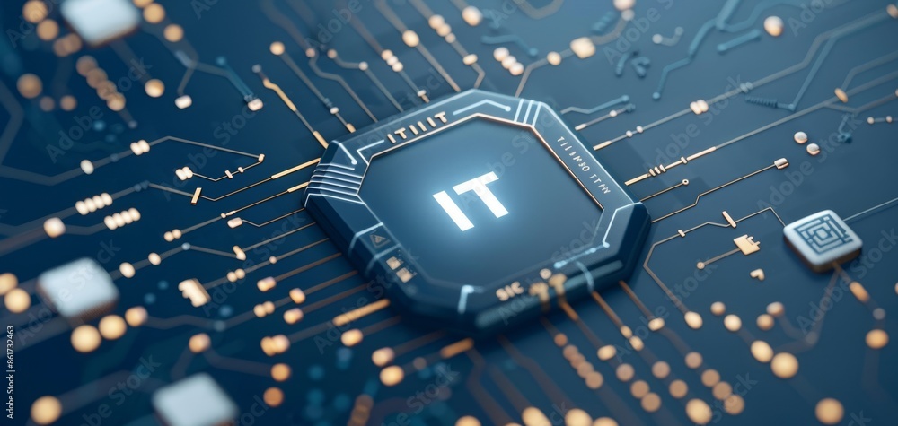 Poster blue digital tech with it icon, circuit board background, representing cyber network concept