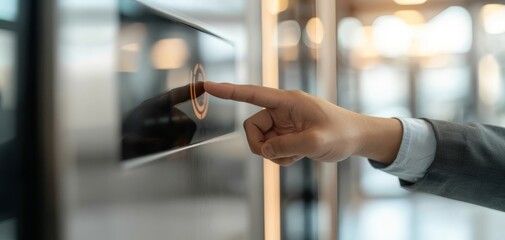 Digital security and biology concept shown by businessman touching biometric scanner for identity data in office