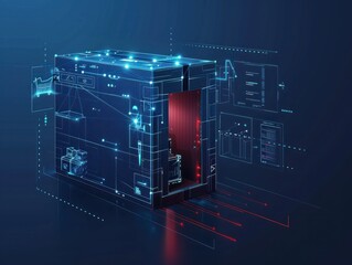 Open box wireframe style of delivery of goods online to doors dark blue background. AI generated