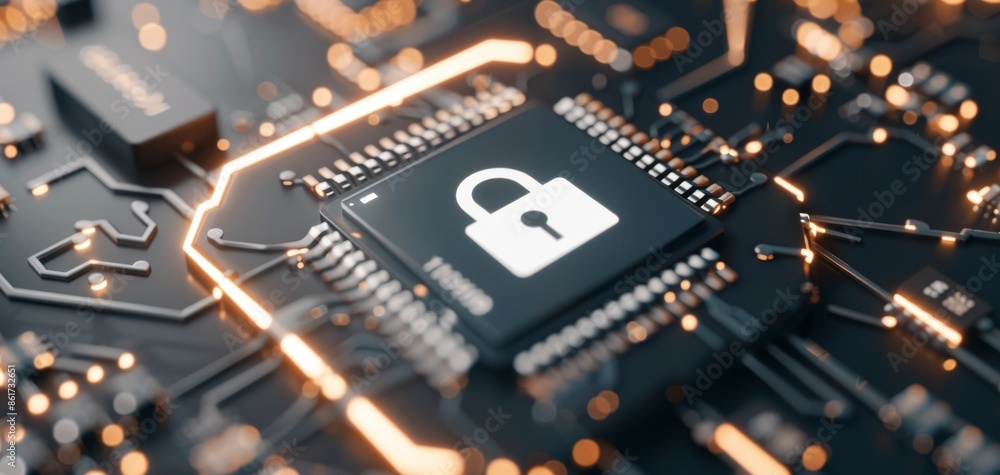 Aufkleber Data security symbol on black circuit board background, 3D rendering with white digital 