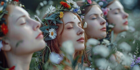 Four women wearing flower crowns are standing in a field of flowers. They are all looking to the right