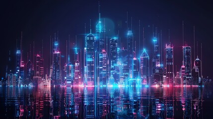 Naklejka premium Futuristic Cityscape Reflection on Water at Twilight Hour