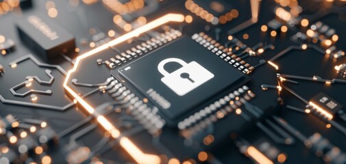 Data security symbol on black circuit board background, 3D rendering with white digital "i" icon in center of chip and surrounding microchips, big limbs style