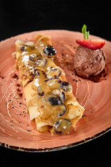 Crepes with Caramel Sauce and Chocolate Ice Cream - Delicious Dessert Plating