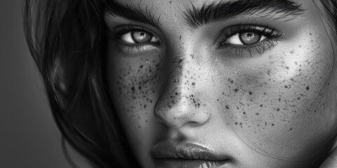 Fototapeta premium A close-up shot of a woman's face featuring distinctive freckles
