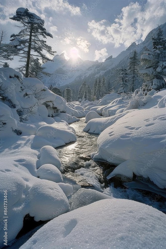 Poster a snow covered mountain range with a river running through it. the sun is shining on the snow, creat