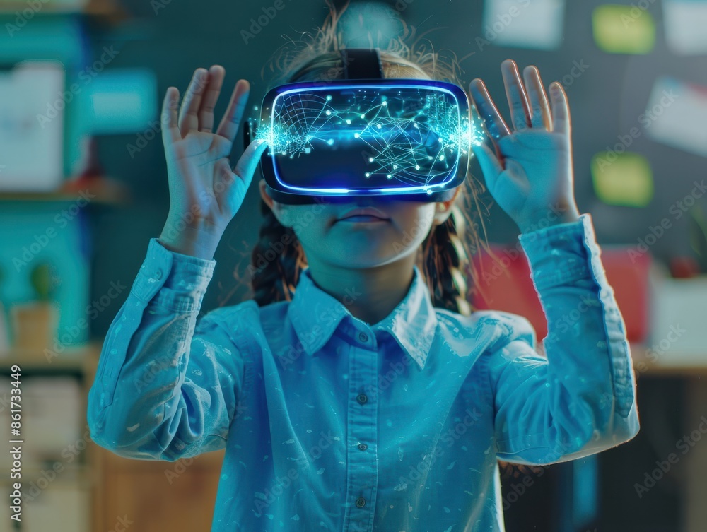 Poster school student with vr headset using ai artificial intelligence technology & machine learning.intera