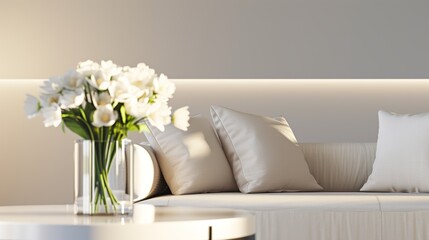 Cozy cream-colored living room, bathed in soft, warm lighting, plush sofas, and a coffee table with a vase of fresh flowers, creating an inviting ambiance for relaxation
