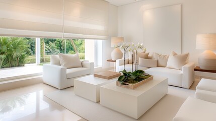 Fototapeta premium Cream-colored living room with soft, warm lighting, plush seating, and a cozy ambiance, perfect for unwinding and enjoying a peaceful evening at home