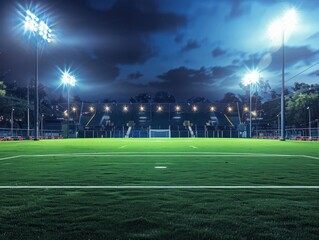 stadium lights at night with soccer pitch in the front
