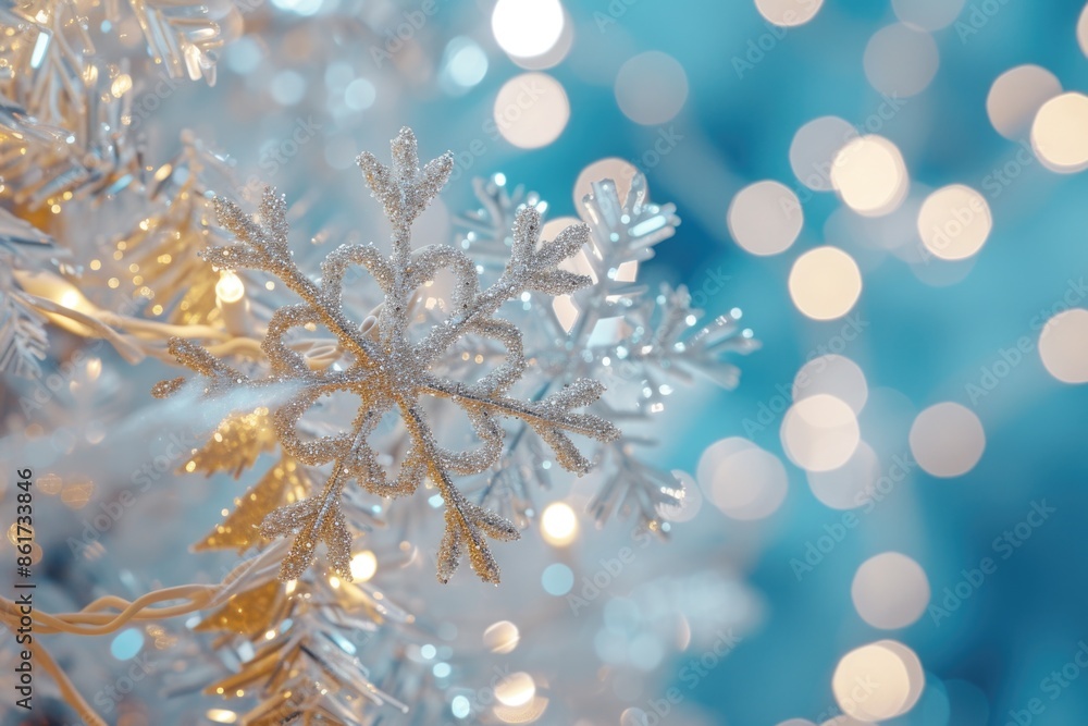 Poster a snowflake is hanging from a christmas tree. the snowflake is surrounded by lights, giving it a fes