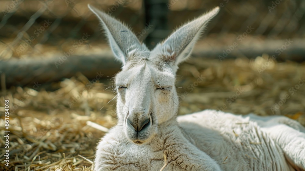 Poster a white kangaroo is laying down in a field of hay. the kangaroo appears to be relaxed and content