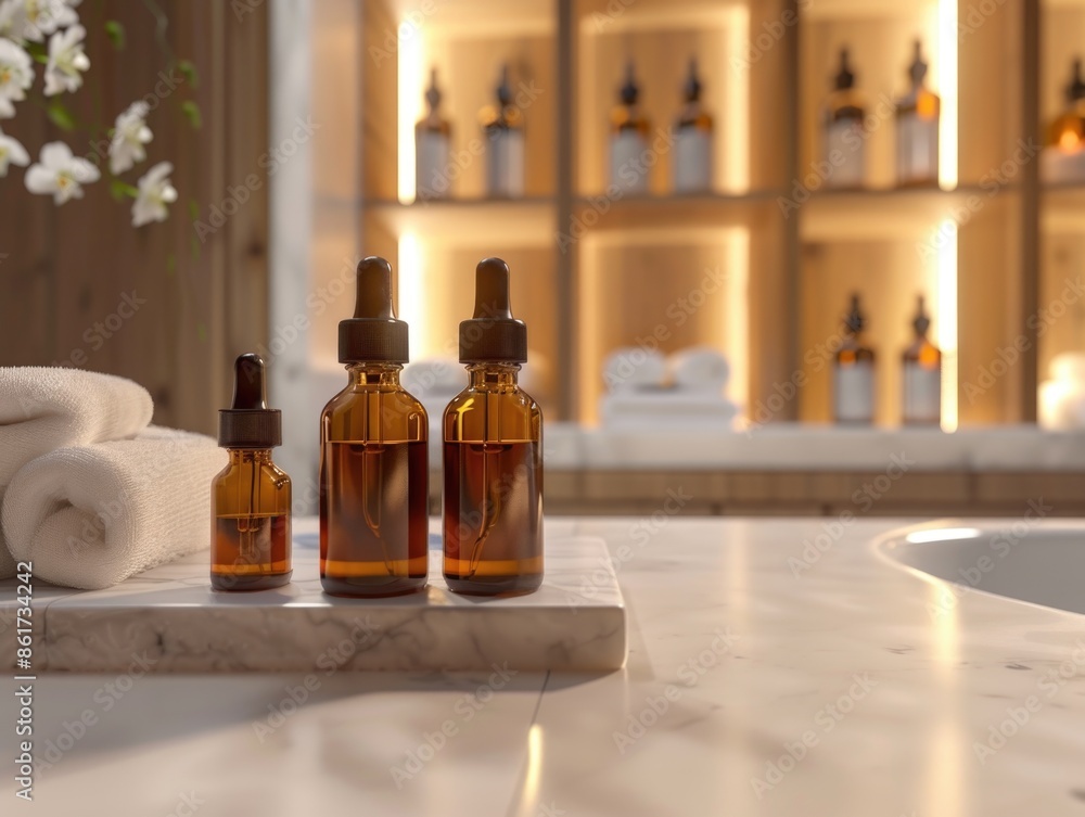 Poster three bottles of essential oils are displayed on a marble countertop. the bottles are arranged in a 