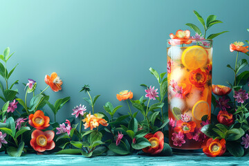 Exotic floral cocktail surrounded by vibrant flowers, suitable for summer parties and tropical vacation ads.