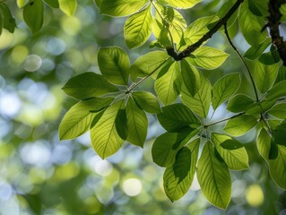 Vivid green horse chestnut tree leaves against tree silhouette create a stunning copy space image.