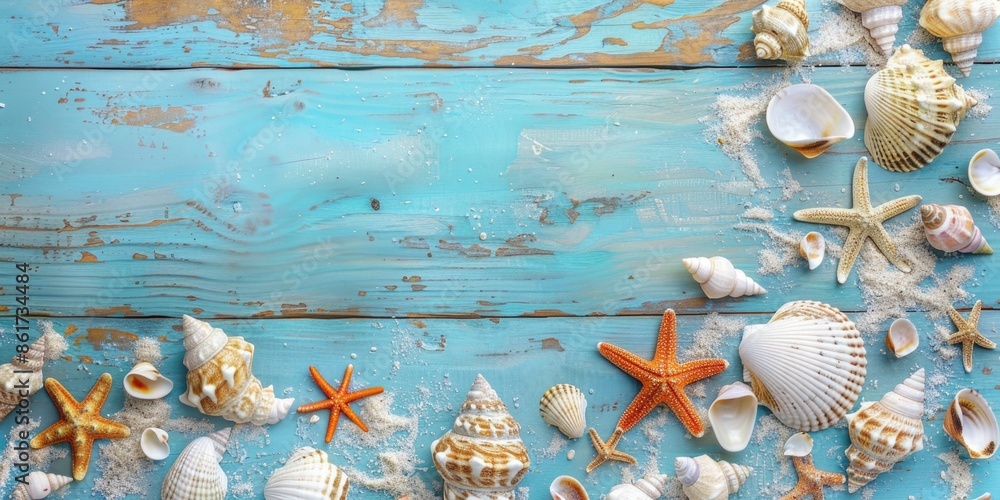 Poster a blue background with shells and starfish on it. the shells are scattered around the starfish, crea