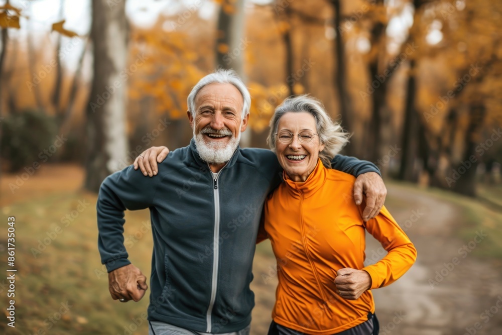 Poster a man and woman are smiling and hugging each other while running in a park. scene is happy and energ