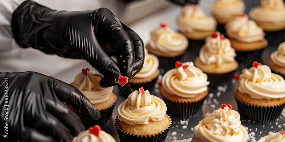 Poster a baker is decorating cupcakes with frosting and sprinkles. the cupcakes are arranged in rows on a c