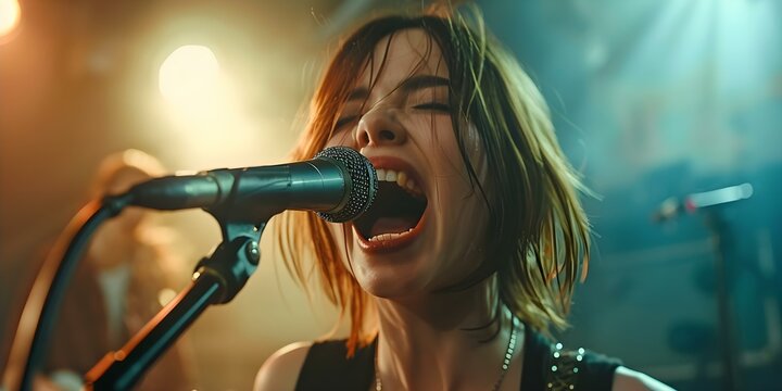 A carefree woman joyfully singing into a microphone with wideopen mouth. Concept Capturing the moment by singing joyfully with spontaneity and carefree attitude,