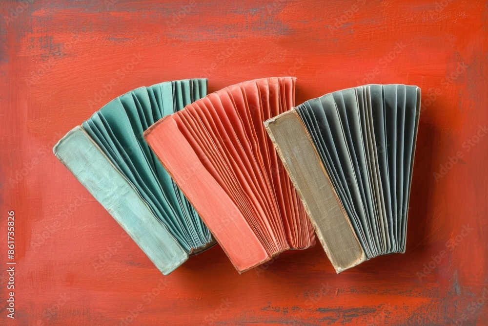 Aufkleber three books are stacked on top of each other on a red background. the books are of different sizes a