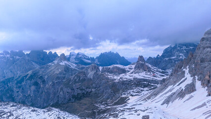 Naklejka premium Drone photos taken in June of the Tre Cime Natural Park located in the South Tyrol region of the Italian Dolomite where the snow did not melt