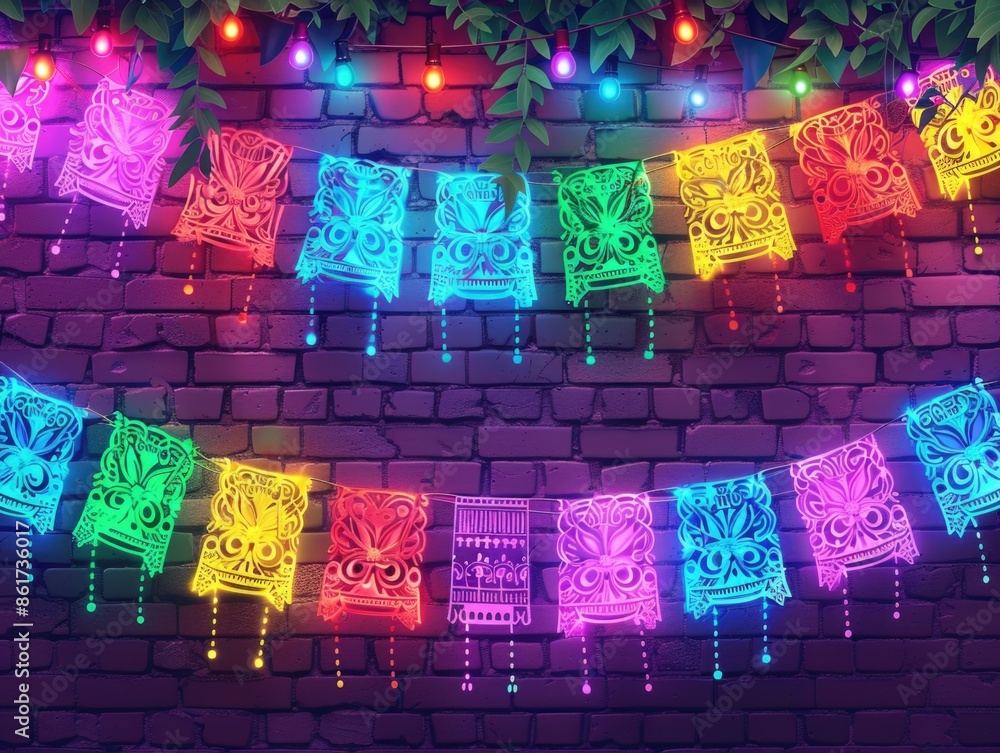 Poster a colorful display of paper lanterns hangs on a brick wall. the lanterns are of various shapes and s