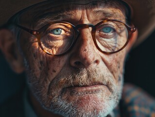 Obraz premium A man with glasses and a hat is staring at the camera. Concept of loneliness and introspection