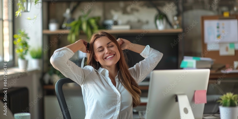 Poster a woman is sitting at a desk with a computer monitor in front of her. she is smiling and she is rela