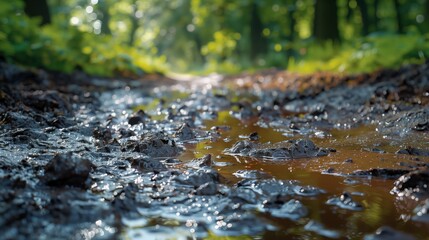 Fototapeta premium Muddy Forest Path With Sunlight Reflecting off Puddles
