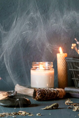 Tarot, astrology,Esoteric, Occult mystical ritual scene of sorcery tarot candles,dried flowers, palo santo tarot cards, ritual book.Witchcraft,mysticism and occultism,esoteric background,tarot banner