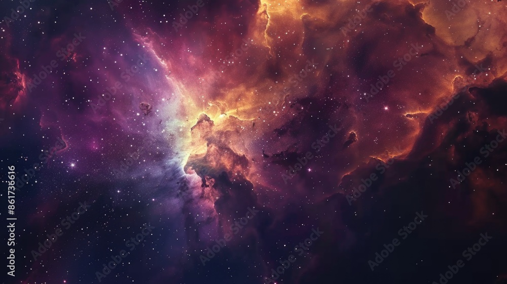 Poster a colorful space scene with a large cloud of purple and orange. the stars are scattered throughout t