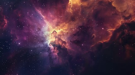 Naklejka premium A colorful space scene with a large cloud of purple and orange. The stars are scattered throughout the image, with some closer to the foreground and others further away. Scene is one of wonder and awe