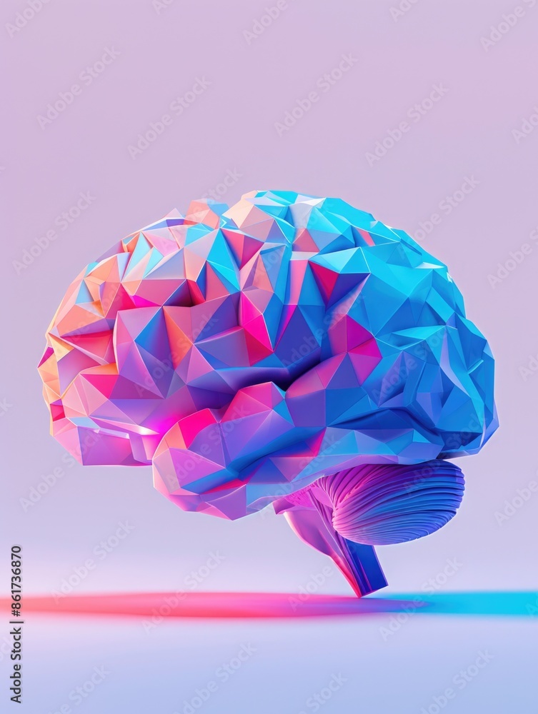 Poster a brain made of triangles is shown in a bright color. the brain is made of many triangles, and it is