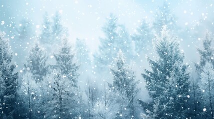 A beautiful winter scene featuring a forest of snow-dusted evergreen trees, evoking a sense of serenity, peace and the magic of winter.