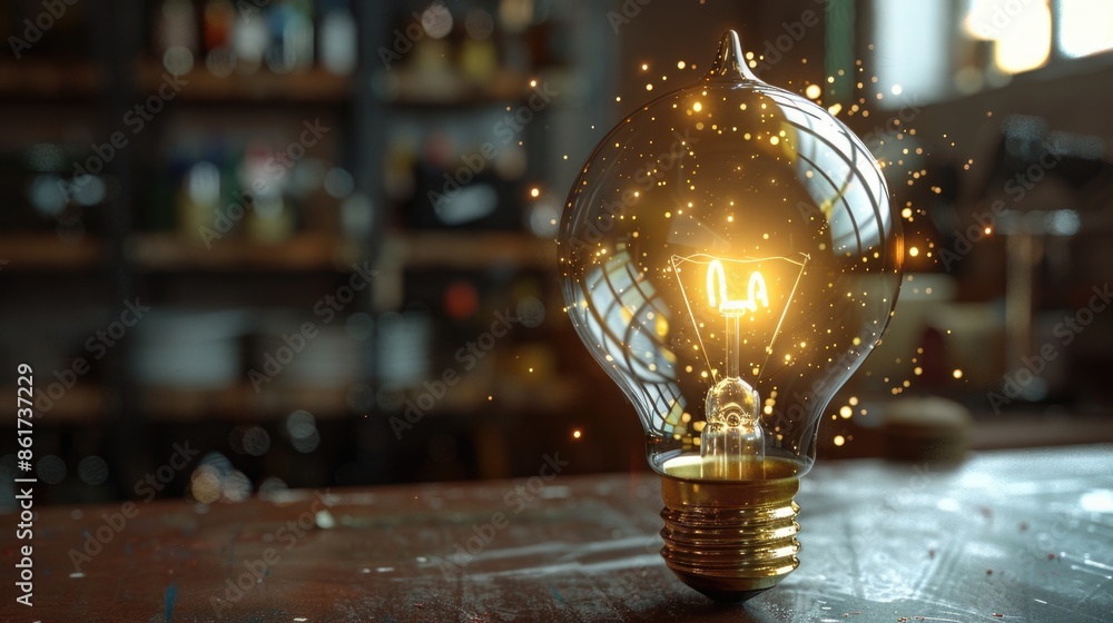 Poster a light bulb is lit up and surrounded by a glowing spark. concept of warmth and brightness, as if th