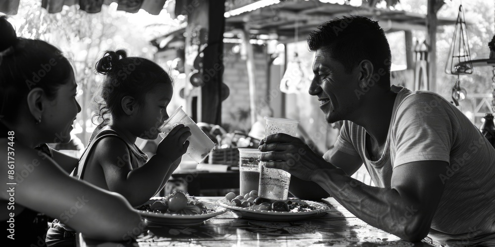 Aufkleber a man and two children are sitting at a table with plates of food and cups of drinks. the man is smi