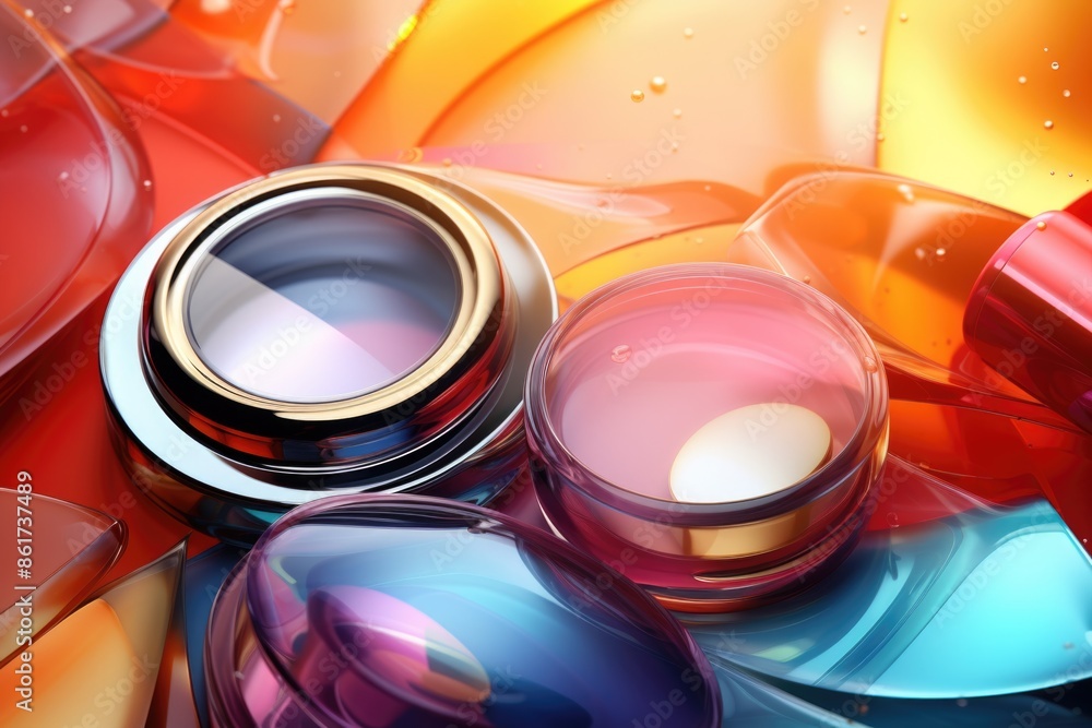 Aufkleber a collection of colorful glass objects, including a large round one, are arranged on a table. the ob