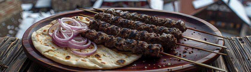 A serving of Bosnian cevapi with grilled minced meat sausages, served with flatbread and onions, placed on a wooden plate with a view of a snowy Bosnian village