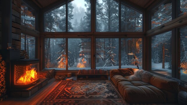 Fototapeta Cozy Cabin Interior With Fireplace and Snowy Forest View on a Winter Evening