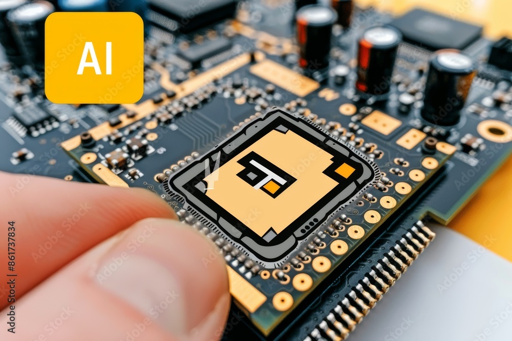 Poster hand holding ai microchip on circuit board symbolizing advanced technology and artificial intelligen