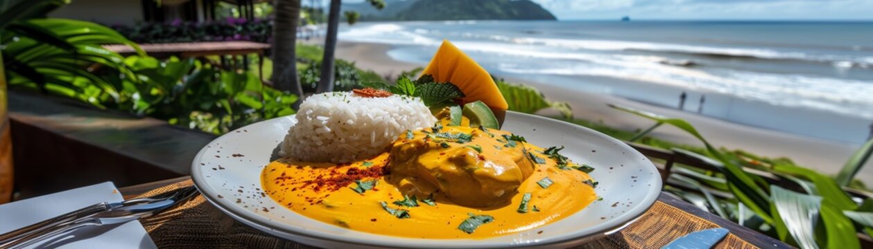 A serving of Ecuadorian encocado de pescado with fish and coconut sauce, served with rice, placed on a ceramic plate, set on a table with a scenic beach and lush greenery