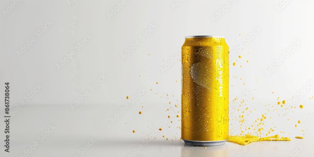 Poster a can of beer is sitting on a table with a white background. the can is half full and has a few drop