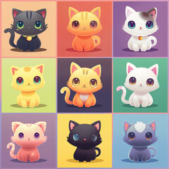 Set of funny, cute, cartoon cats, kittens