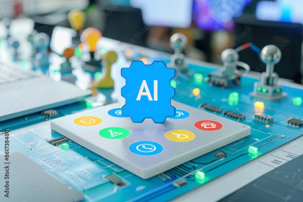 Poster digital circuit board with ai elements symbolizing artificial intelligence technology and innovation