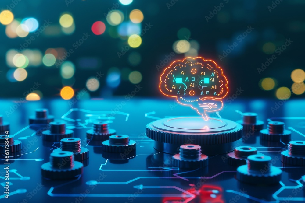 Poster glowing digital brain on circuit board representing artificial intelligence and advanced technology