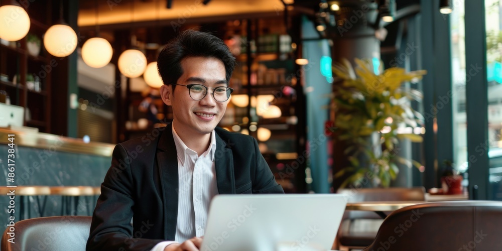 Aufkleber a man in a suit is sitting at a table with a laptop in front of him. he is smiling and he is enjoyin
